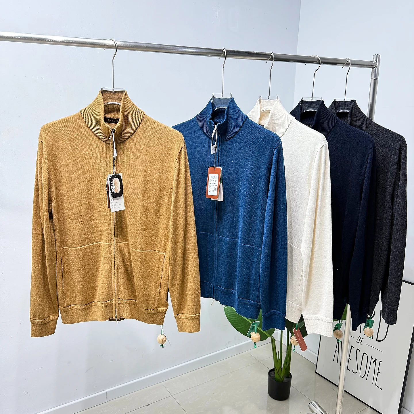 

Итальянский вязаный кардиган из мериносовой шерсти и шелка для мужчин, осенне-зимний, повседневный, с воротником-стойкой, на двойной молнии