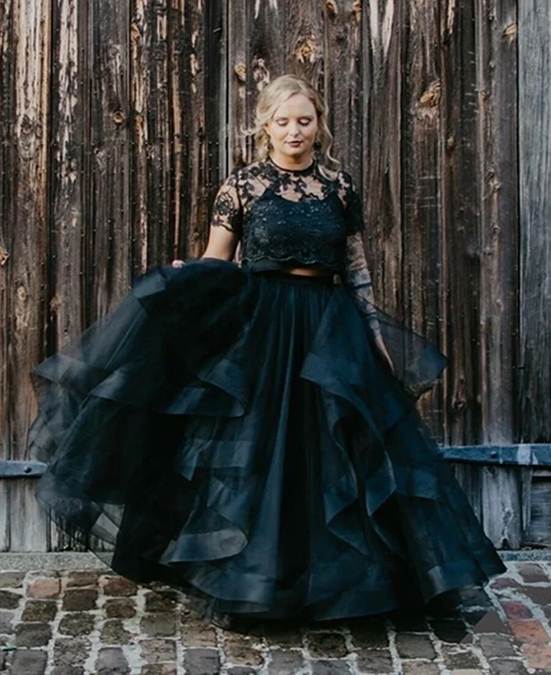 Zwei Stück Schwarz Gothic Hochzeit Kleid Rüschen Piping Rock A-Line Boho Strand Bodenlangen Brautkleider Kurzarm 2023 Vestido