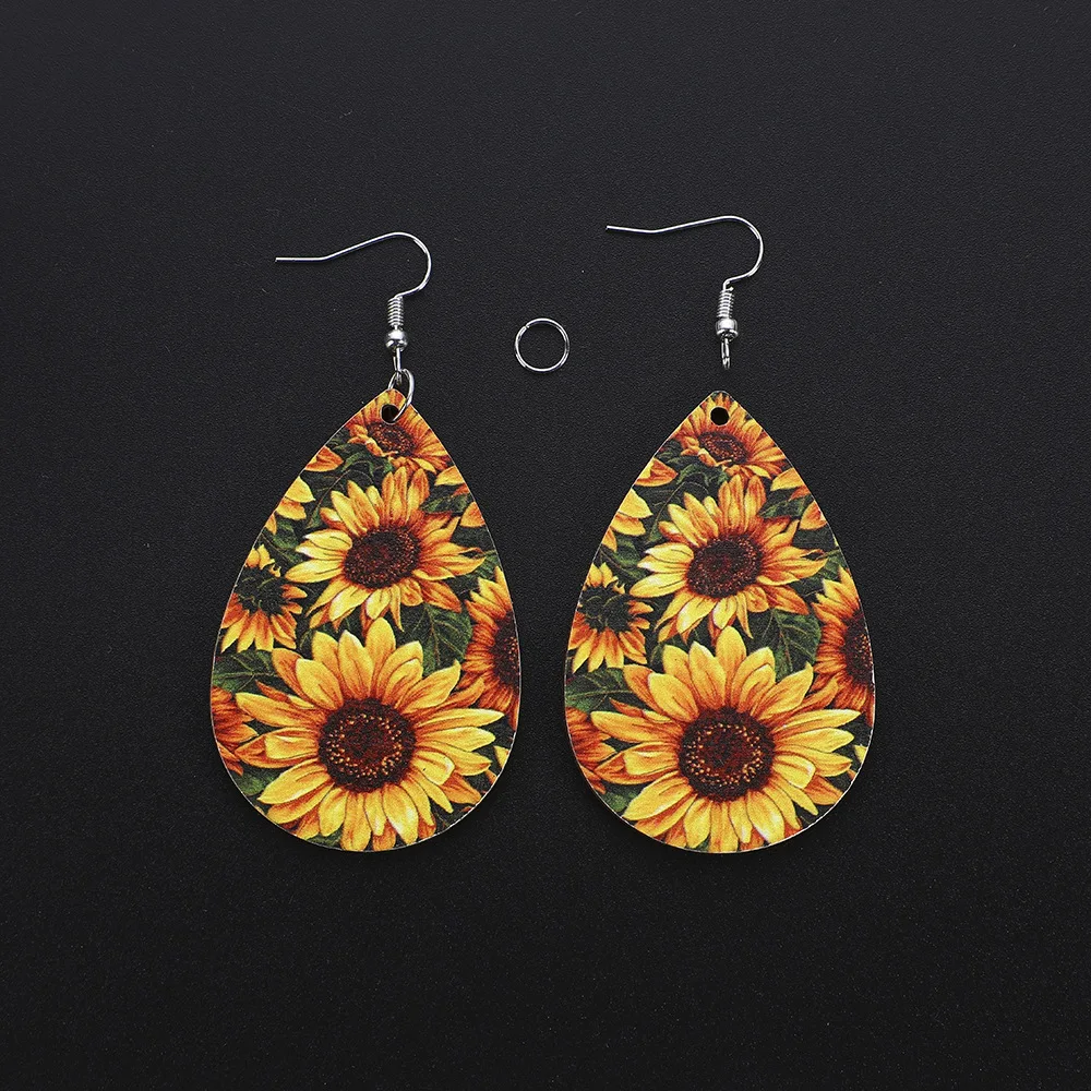 Bohemian Fashion Retro Water Drop Wood Earrings Sunflower Pattern Female 6cm Wood Westerly Wind Jewelry Birthday Present 2023