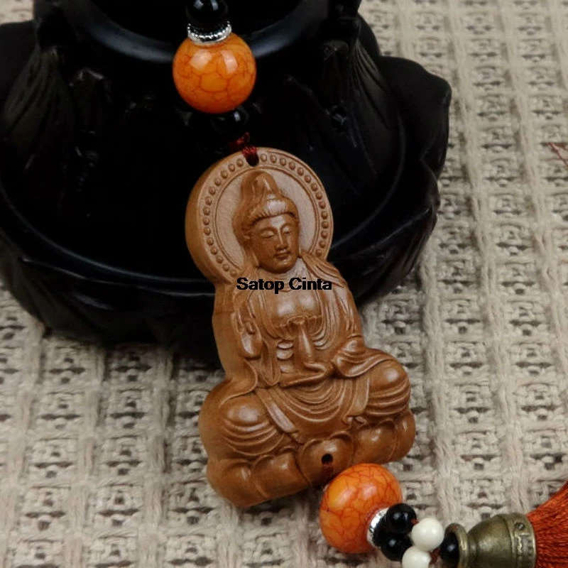 Wooden Carved Guanyin Ornament Chinese Traditional Peach Wood Car Pendant All The Best Rearview Mirror Interior Wooden Art Craft