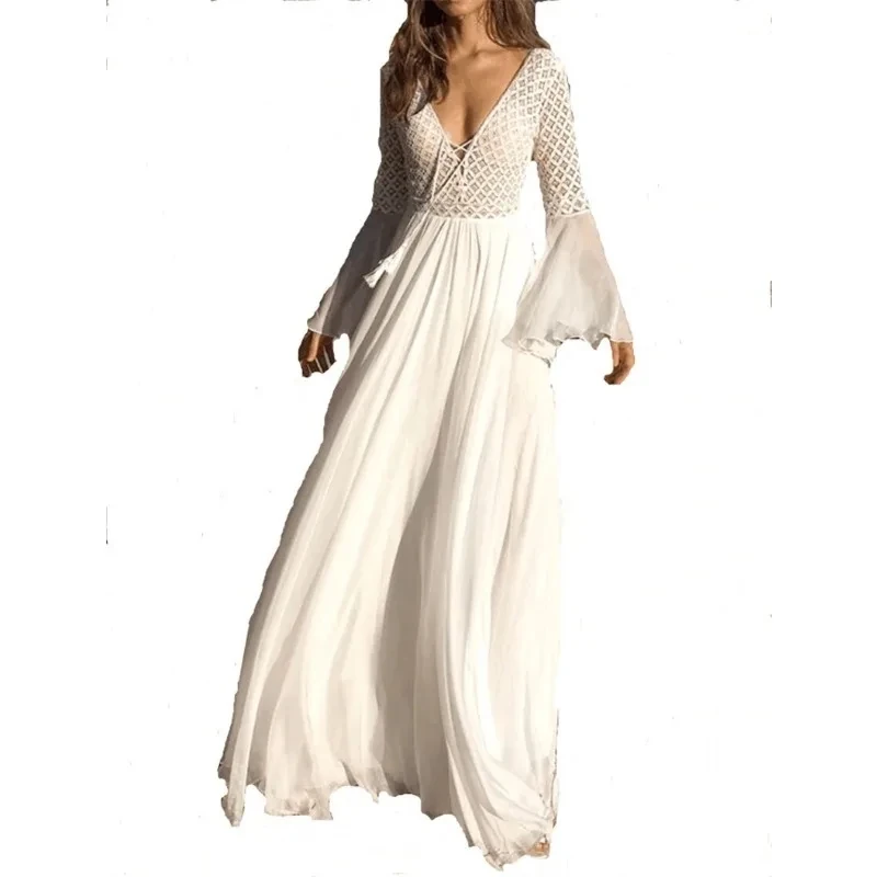 

Boho Long Dress Women Lace Patchwork Deep V-neck Flared Sleeves Spring/summer New Style