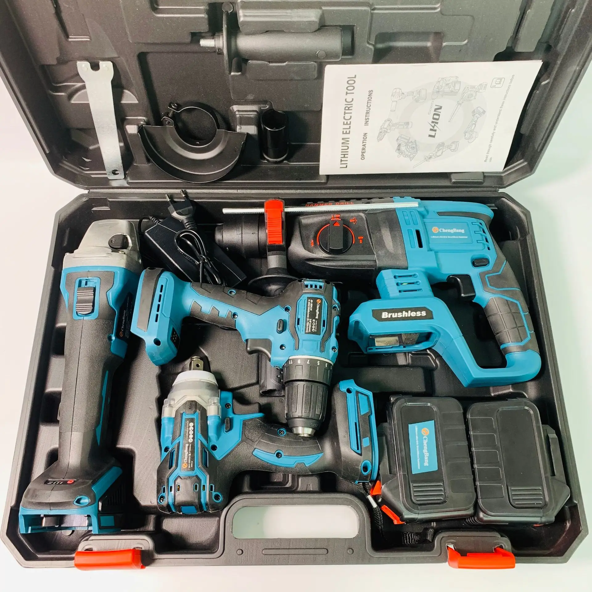 

Lithium electric power tools 4 pieces (125mm Angle grinder, electric drill and hammer + wrench makita battery Keuhz