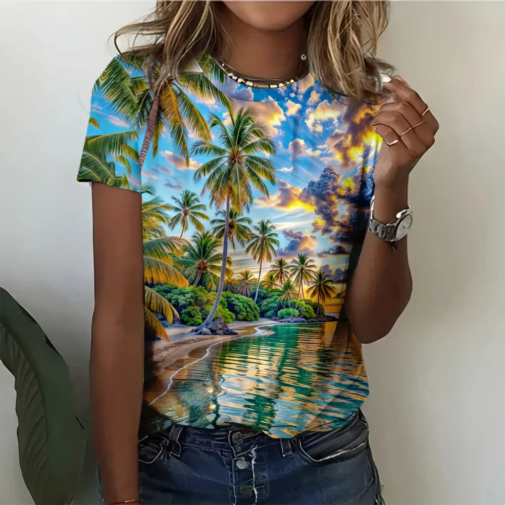 

Blue Beach Palm Tree Pattern Women's T-shirt - Inspired By Nature Casual Fashionable Comfortable Summer Short Sleeves