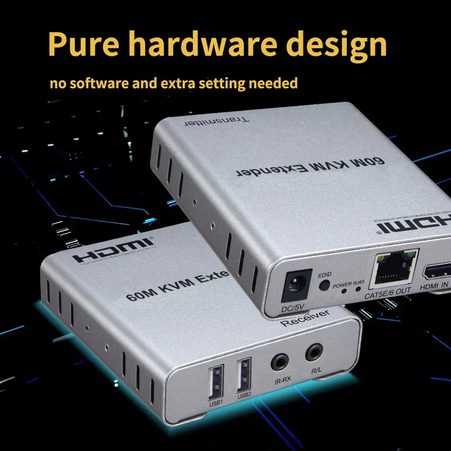 60m KVM HDMI Extender Over Cat5/6 Rj45 Ethernet Cable HDMI KVM Switch Audio Video Converter Support Keyboard Mouse Control PC