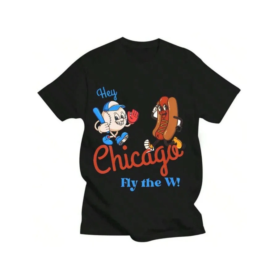 

【New style】Chicago Cubs Cartoon Short Sleeve Tee Fly The W Vintage Baseball And Hotdog