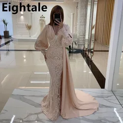 Champagne Mermaid Long Evening Dresses For Wedding Party 2025 Lace V Neck Prom Dress Arabic Party Gown Robe Soirée Femme