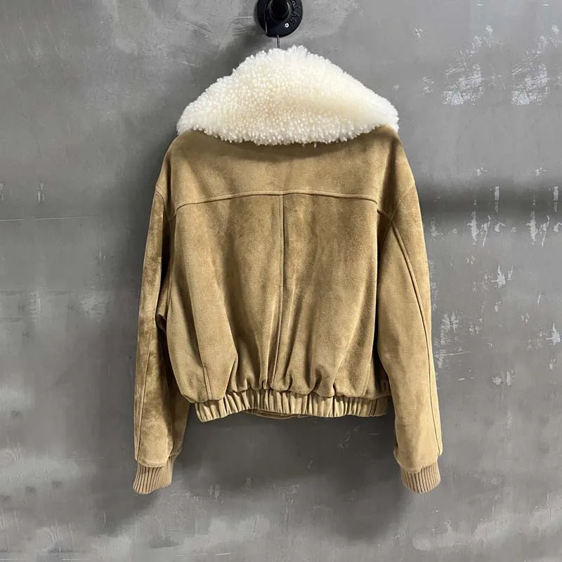 Short down jacket Suede leather women coat winter thick warm big real sheep wool collar clothes high quality