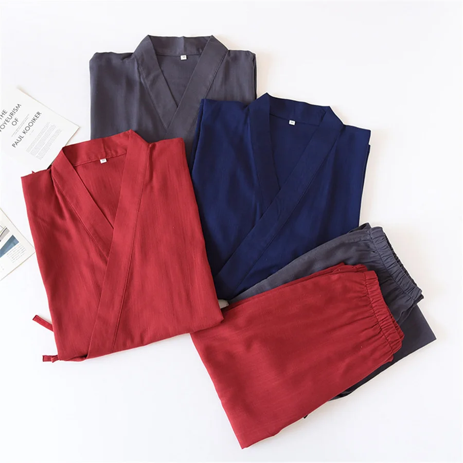 

2025 Japanese Kimono Robe Sets Men's Cotton Linen Pajamas Two-piece Set Couple Loose Bathrobes Steam Suit Home Service Suits