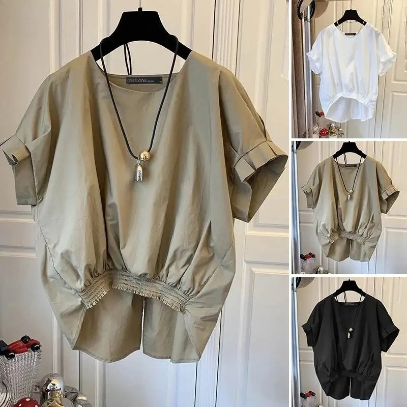 Summer New Women Fashion Shirring Hem Blouses O Neck Short Sleeve Casual Blusas Female Slit Back Solid Shirt Tops