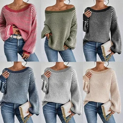 New Spring Autumn Style Women Sweaters and Pullovers Off Shoulder Knitted Sweater with Loose Sleeves Stylish Striped Clothes