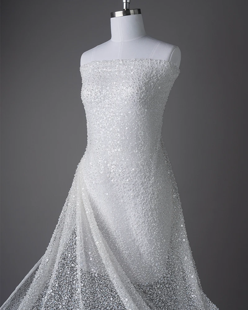 Tela de encaje de lentejuelas con cuentas de lujo, vestido de novia de malla bordado con perlas de cristal y lentejuelas transparentes brillantes con nobleza