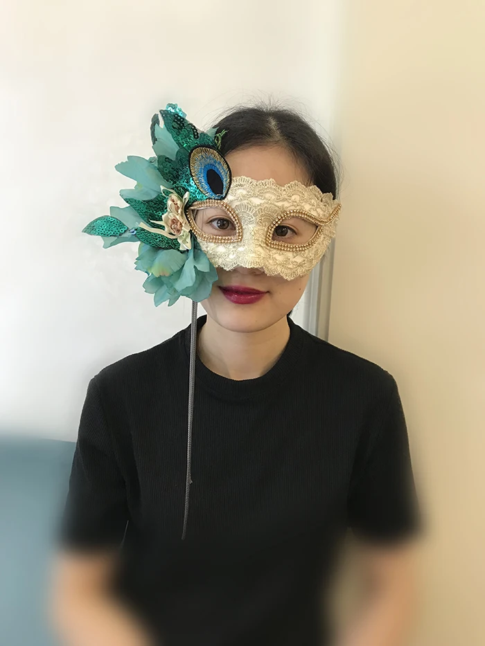 Mask Gold Green Contrast Color Decoration Lace Embroidery Adult Peacock Feather Side Flower Fashion Halloween Stage Accessories