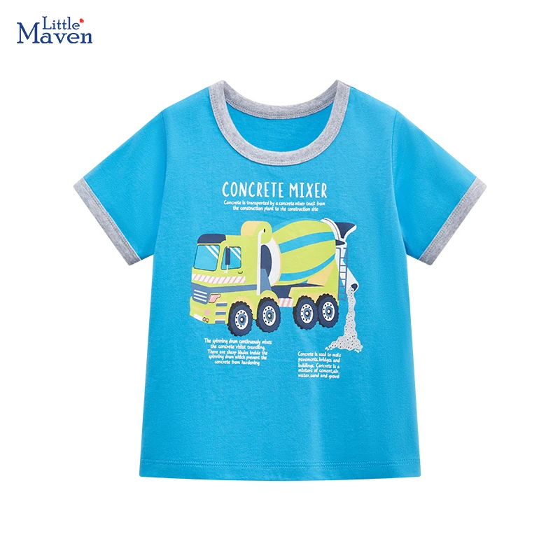 Little maven 2024 New Summer Blue Children's Clothing T-shirts Cartoon Engineering vehicles Fashion Baby Boys Kids Clothes