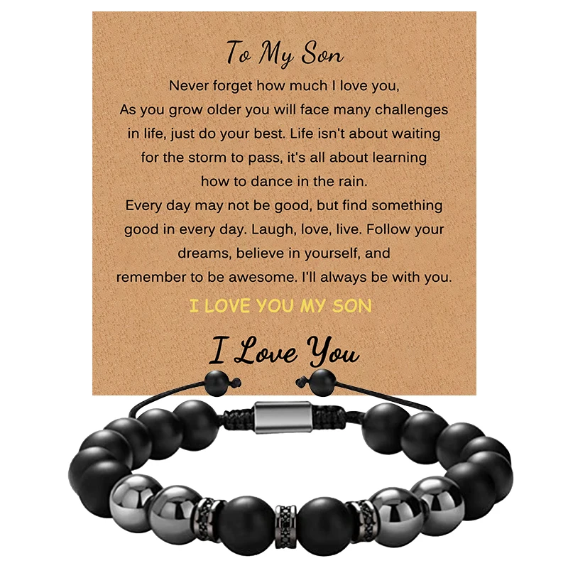 To Men Boys Bracelet Gifts for Son,Boyfriend, Husband, Brother Natural Black Matte Stone CZ Charm Beads Bracelet Card Gift