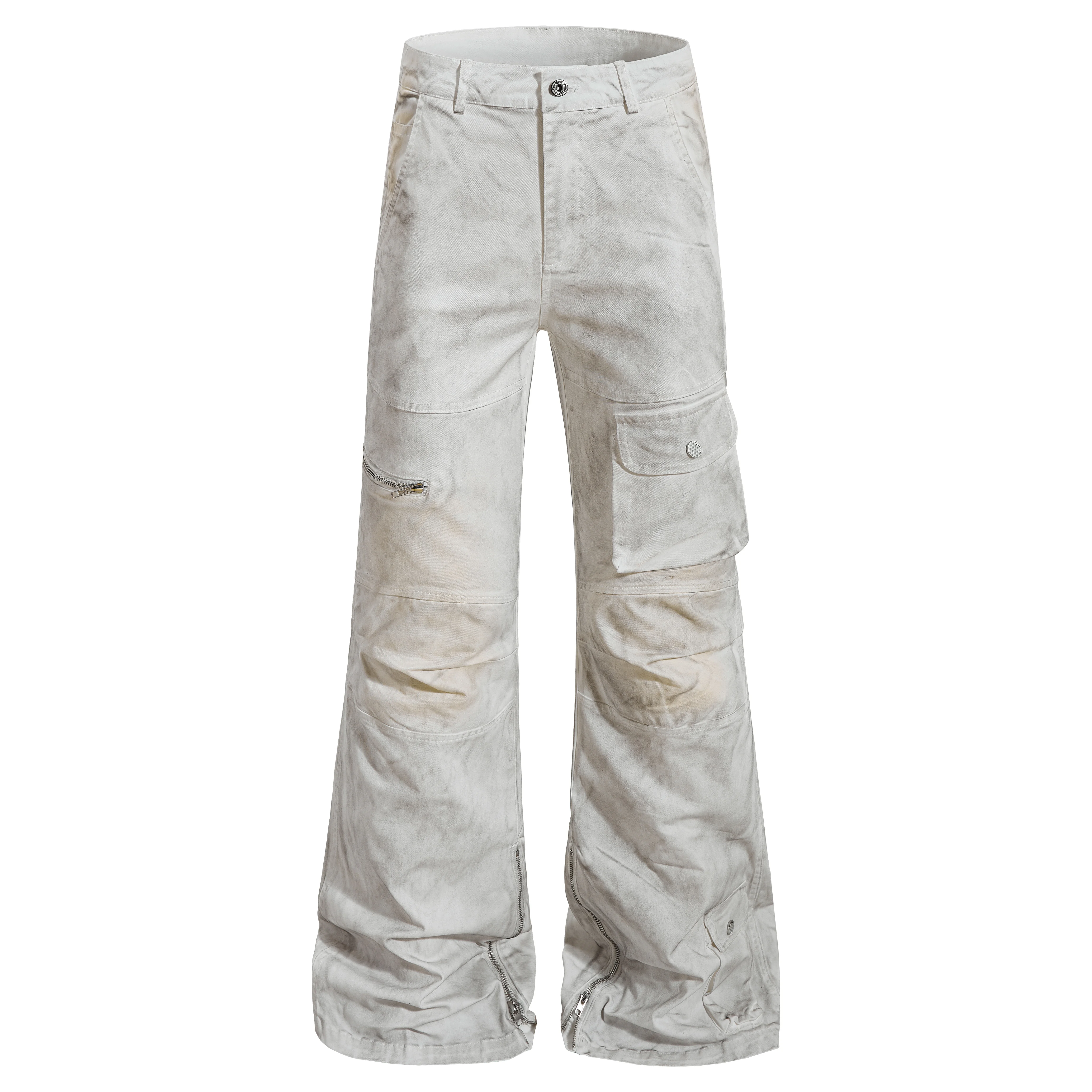 Distressed Side Zipper Wide Cargo Pants Men's Pockets Acid Wash Gradient Utility Pants Baggy Vintage Workwear Trousers Hip Hop