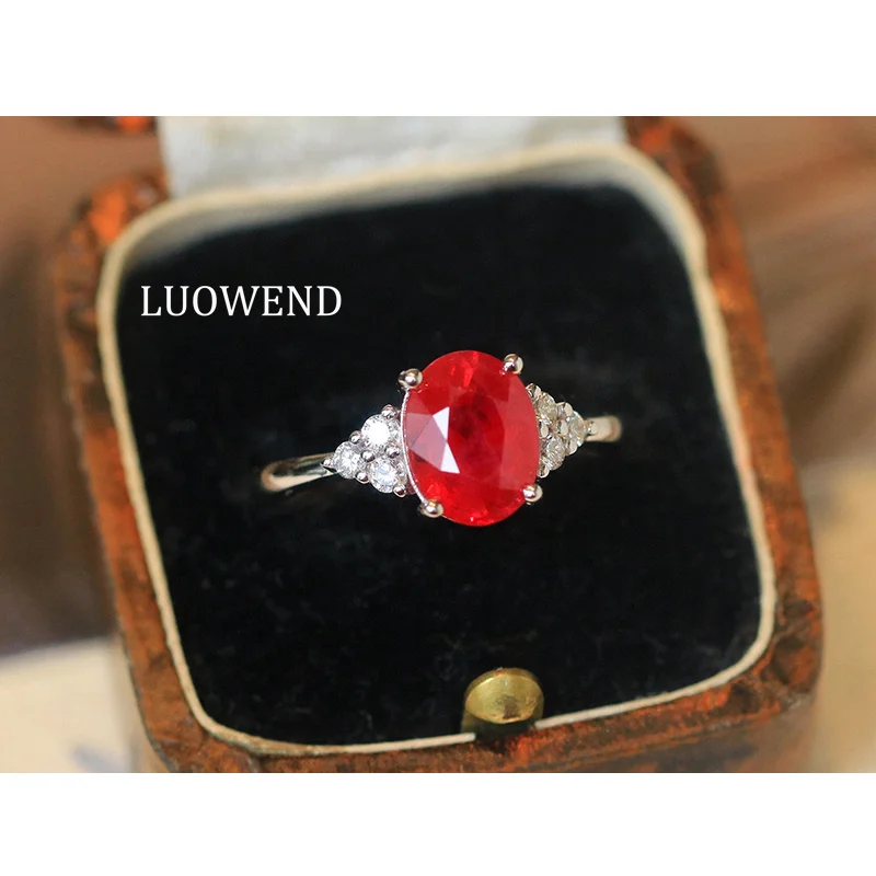 LUOWEND 100% 18K White Gold Rings Luxury Simple Style Shiny Diamond Natural Ruby Gemstone Ring for Women High Party Jewelry