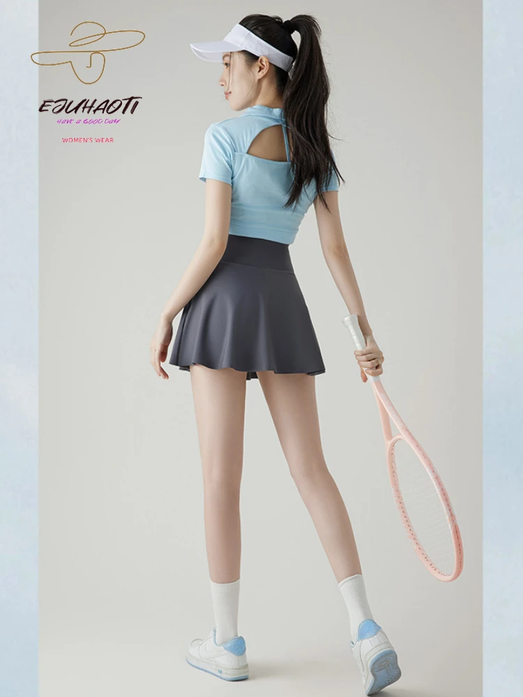 

Летние юбки для йоги, новинка, женская спортивная плиссированная юбка с имитацией двух частей, мини-юбка для бега, фитнеса, тенниса с акулой, со штанами безопасности, кюлоты