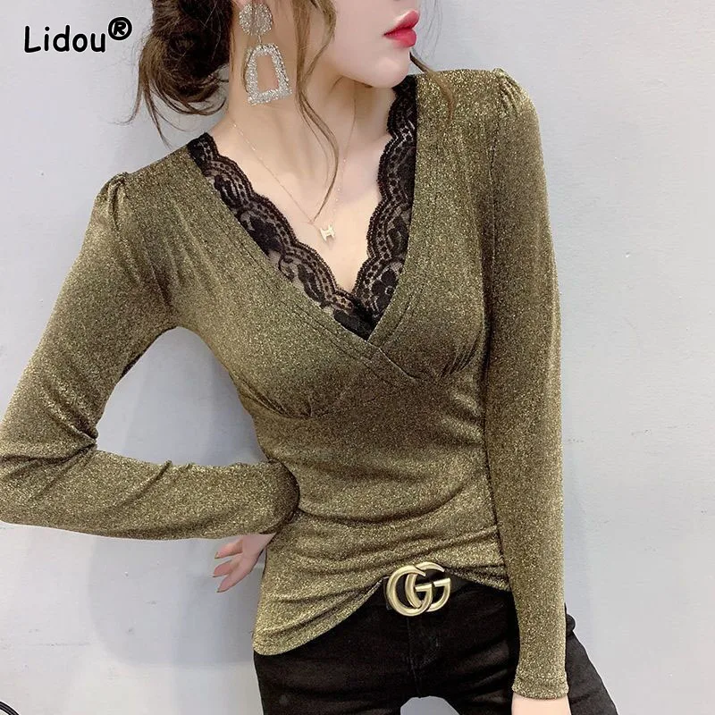 

Office Lady Lace V-neck Blended Polyester 2022 New Popularity Spring Autumn Long Women's Clothing T-Shirts Comfortable Fashion