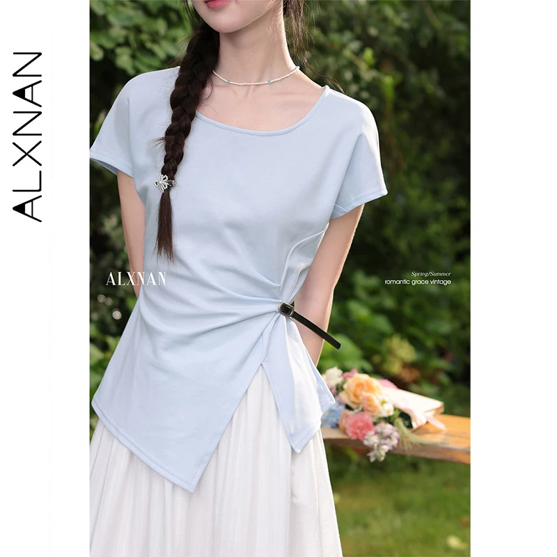 ALXNAN Blauw T-shirt voor Vrouwen Elegante U-hals Onregelmatige Geplooide Katoenen T-shirt 2025, Zomer Casual Korte Mouw Tops Vrouwelijke L56601