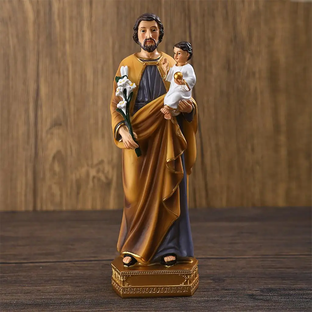 Saint Joseph Carrying Child Jesus Resin Statues Plate Base Family Religious Praying Figurines Sculpture Home Décor Ornament