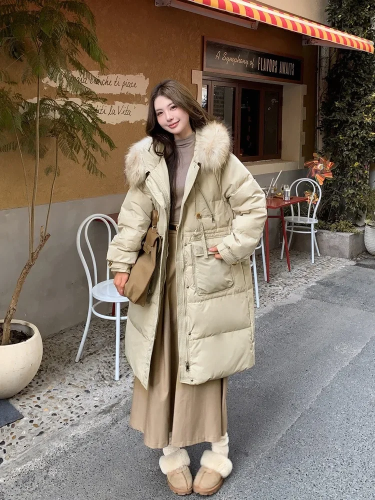 여성용 두꺼운 따뜻한 푹신한 패딩 재킷 신상 겨울 오버사이즈 탑 의류 한국 스타일 긴 후드 화이트 덕다운 코트 여성용