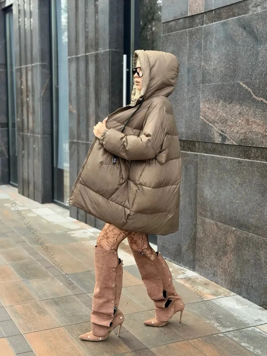 Down Jacket Women Oversize White Duck Coat Loose Warm Outerwear Hood Korean Style Coat Down Jacket Women Casual Office Lady view 5