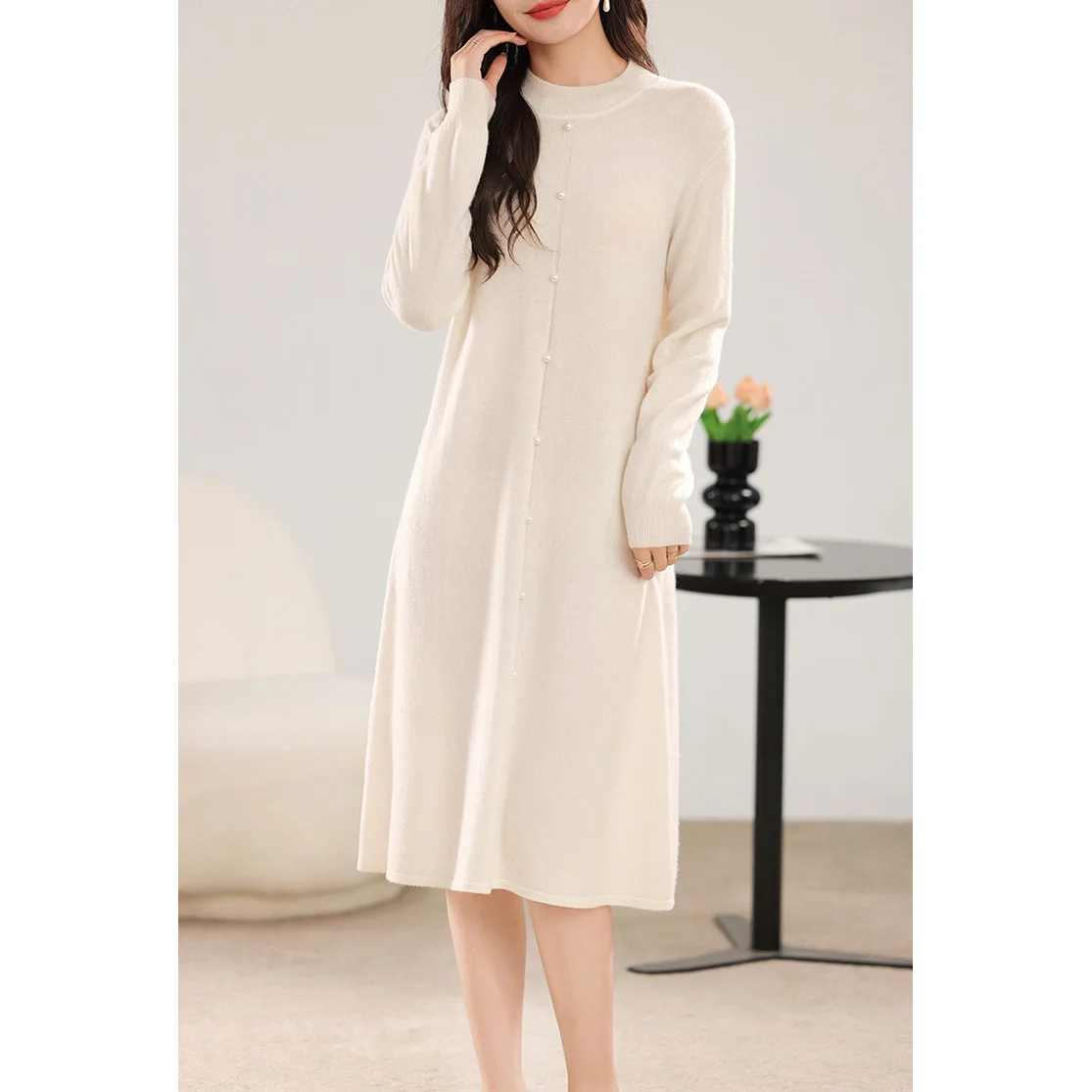 Knitted Dresses Women A Line Dress Y2k Pearl Half High Collar Long Sleeves Knee Length Loose Fit Casual 2025 Autumn Winter