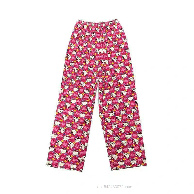 Spodnie damskie nowe szerokie spodnie nogi Sanrio Hello Kitty Lovely luźna, wysoka talia w stylu Casual, cienka spodnie estetyczne Y2k Traf nadrukowana moda