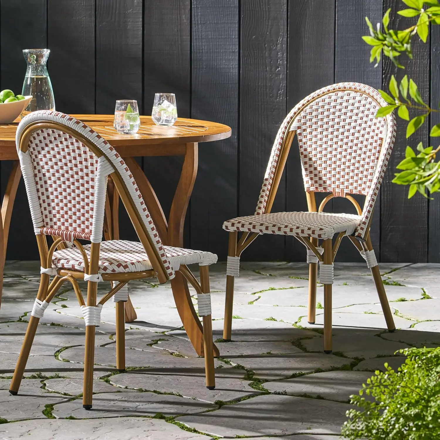 Bistro Chair PE Rattan Aluminum Frame Bamboo Print Weather-Resistant Patio Dining Garden Set 2 Red White, Customized