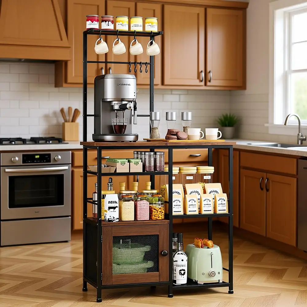 

Coffee Bar Cabinet Organizer with Storage, 8 Hooks, Shelves, and Cabinet Door, Ideal for Kitchen or Dining Area, Adjustable Heig