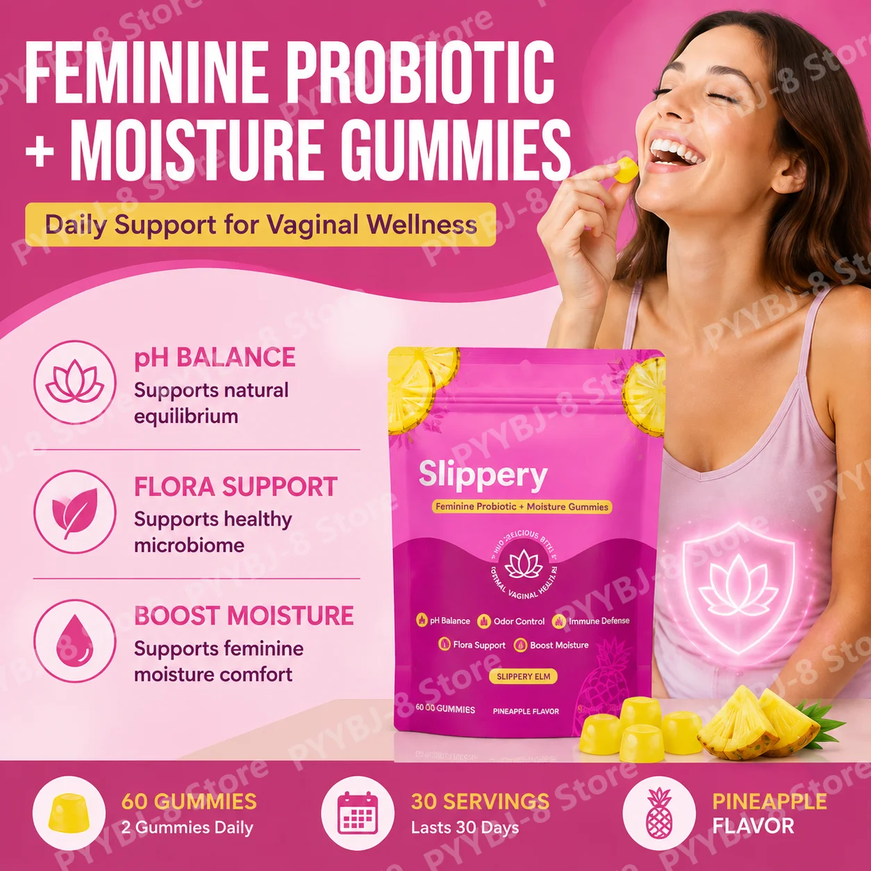 Women’s Pineapple Flavor Probiotic Gummie with Prebiotics for Keep PH Balance,Enhance Immunity,maintain Microbial Health 60pcs