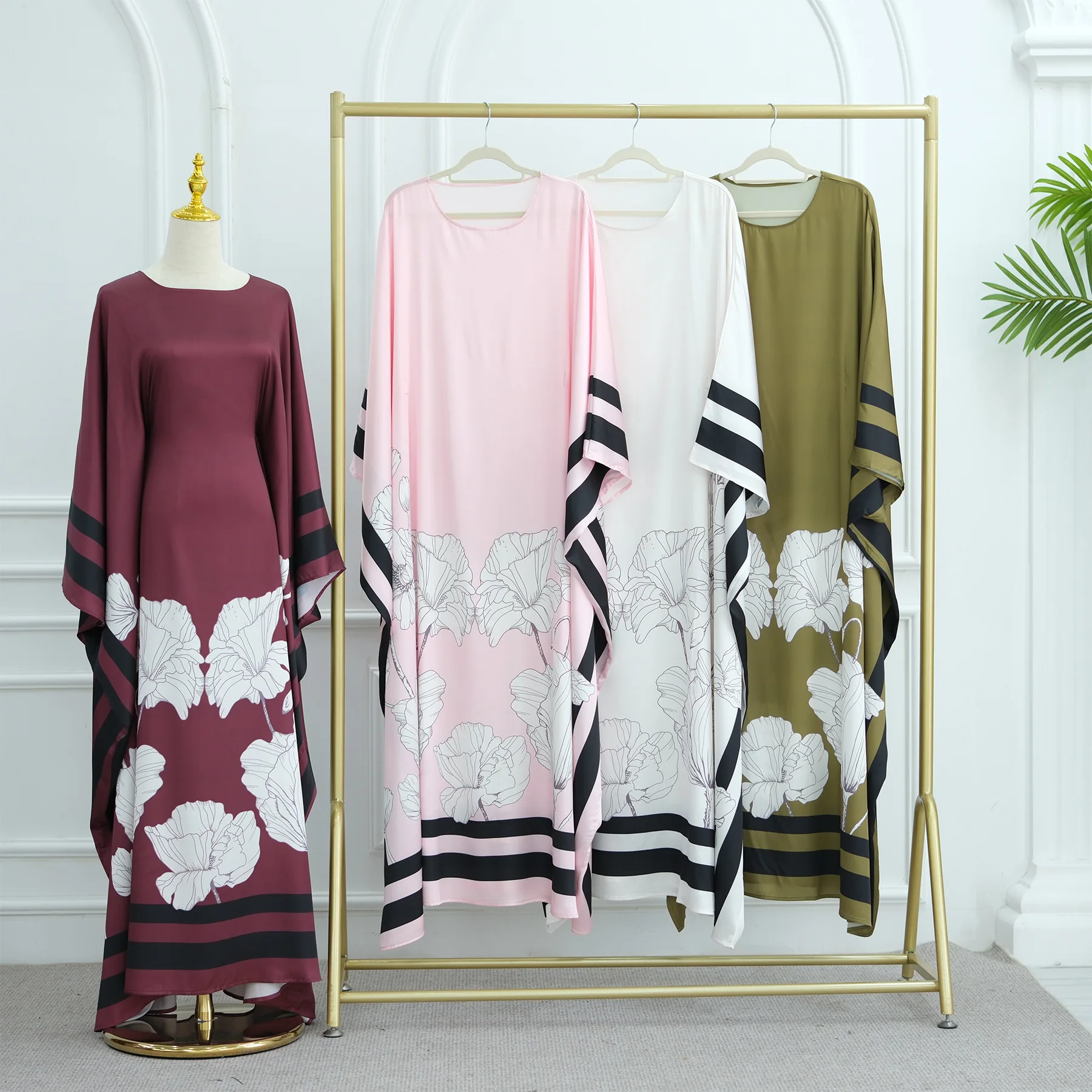 Elegant Shawl Sleeve Party Dress Elegant O-neck Pattern Print Loose Robe Dress Women Fashion Hight Waist Satin Long Dress