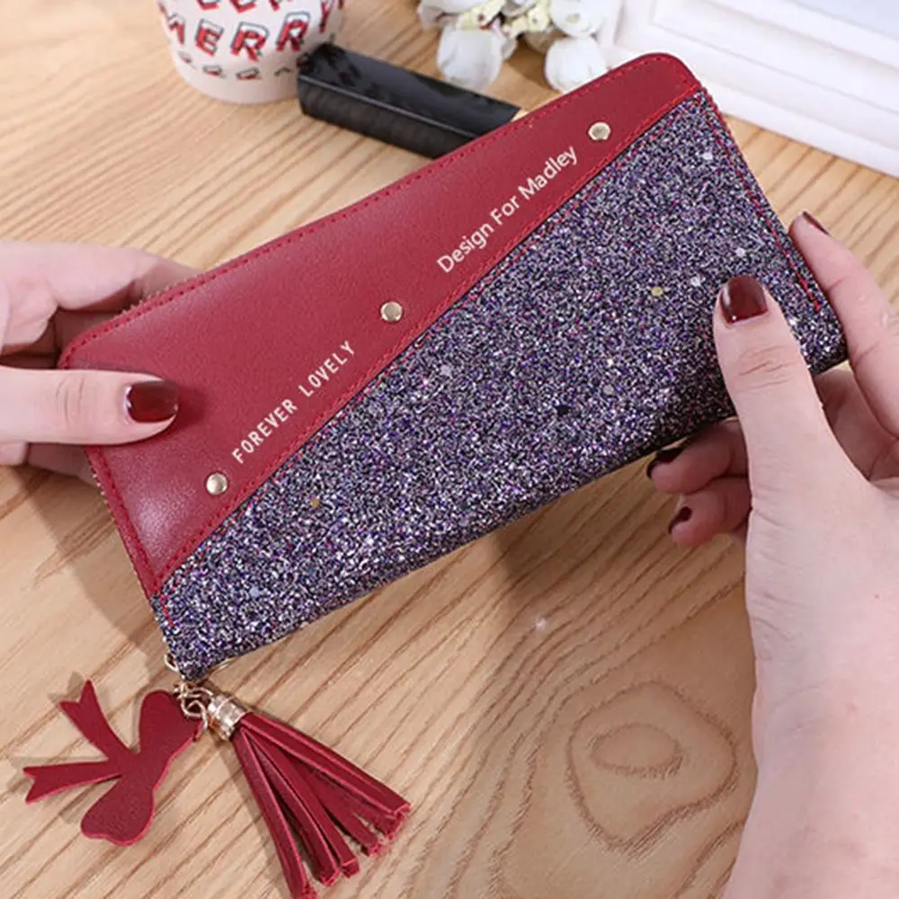 

Женский длинный кошелек из искусственной кожи на молнии с кисточкой и подвеской, цветной контрастный женский кошелек-клатч, блестящий квадратный кошелек с несколькими отделениями для карт, повседневная