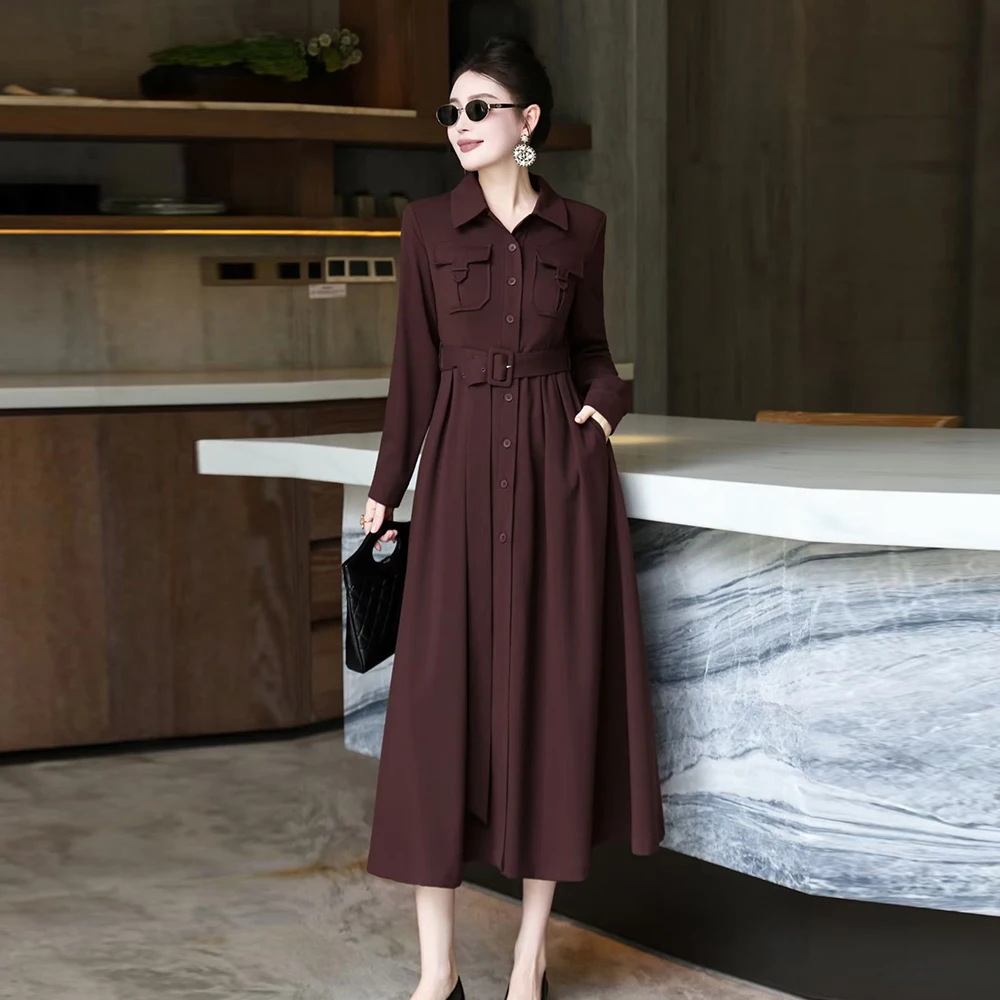 

ZJYT Autumn Designer Women's Midi Shirt Dress Elegant Long Sleeve Lapel Collar Single Breasted Aline Casual Dresses Female 2025