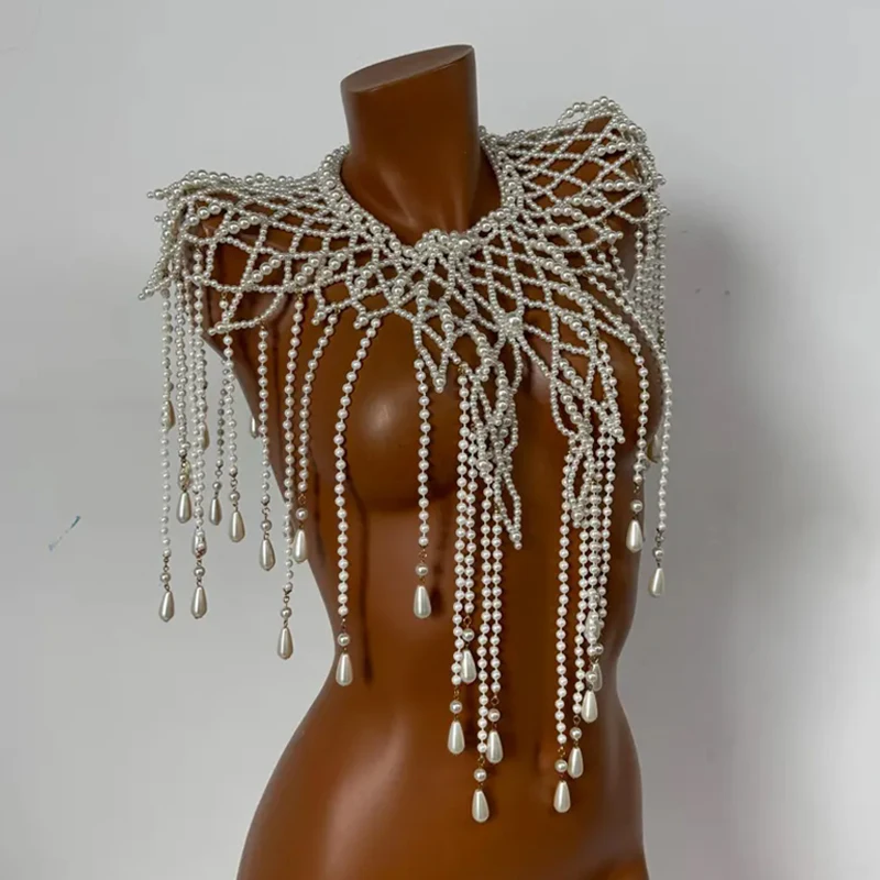 Vintage Damen Perlen-Körperkette, Schal mit Quasten, Perlenbesetzter Schulterumhang für Hochzeit, Brautparty, Abendkleid, Schmuck – Detail 5