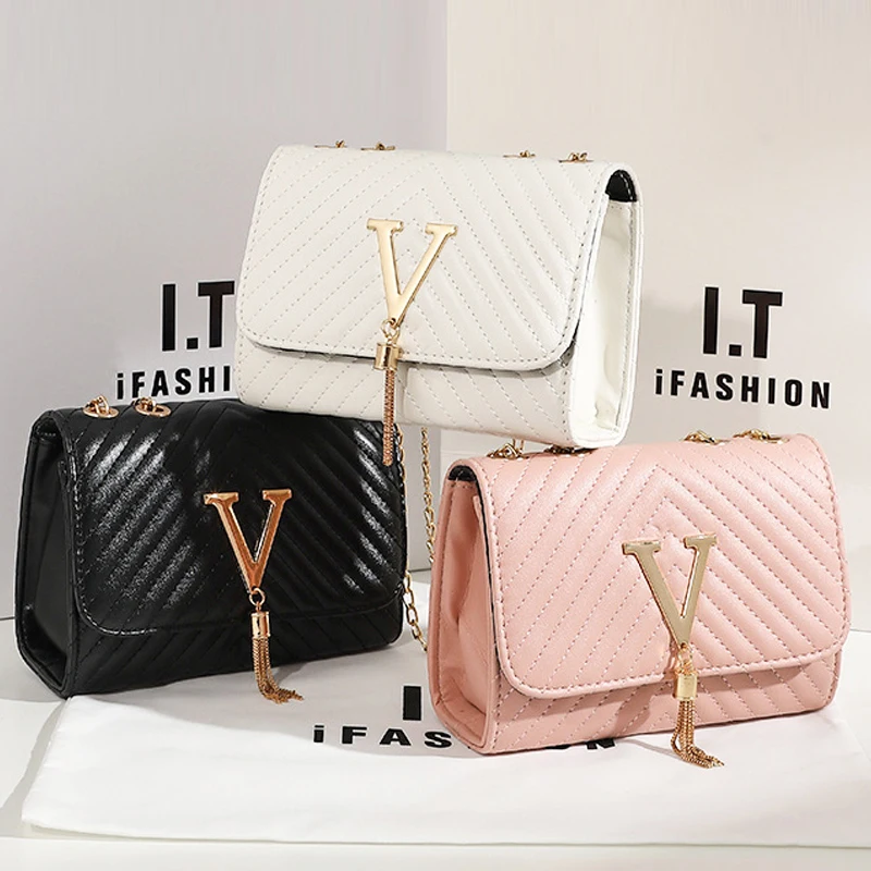 

Women's Bag New Fashion Striped Shoulder Bag V Tassel Decoration Crossbody Bag