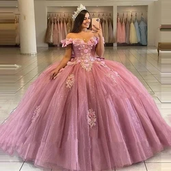 Angelsbridep barato fora do ombro quinceanera vestido rosa flor rendas apliques vestidos de 15 vestidos de festa de aniversário personalizado