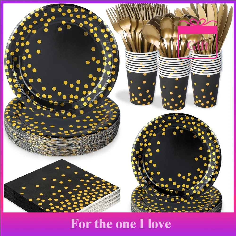 

175 Pcs Black and Gold Party Supplies, Serves 25 Black Gold Foil Dot Disposable Dinner Tableware Set Gold Plastic Forks Spoons