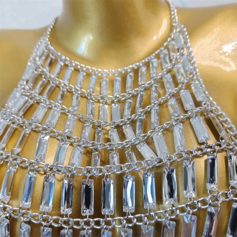 Damen Top Silber Strass Quasten Körperkette Y2K Crop Top Sexy Kristall Neckholder Strand Bikini Cover-Up Festival Schmuck Ropa+Mujer – Detail 10