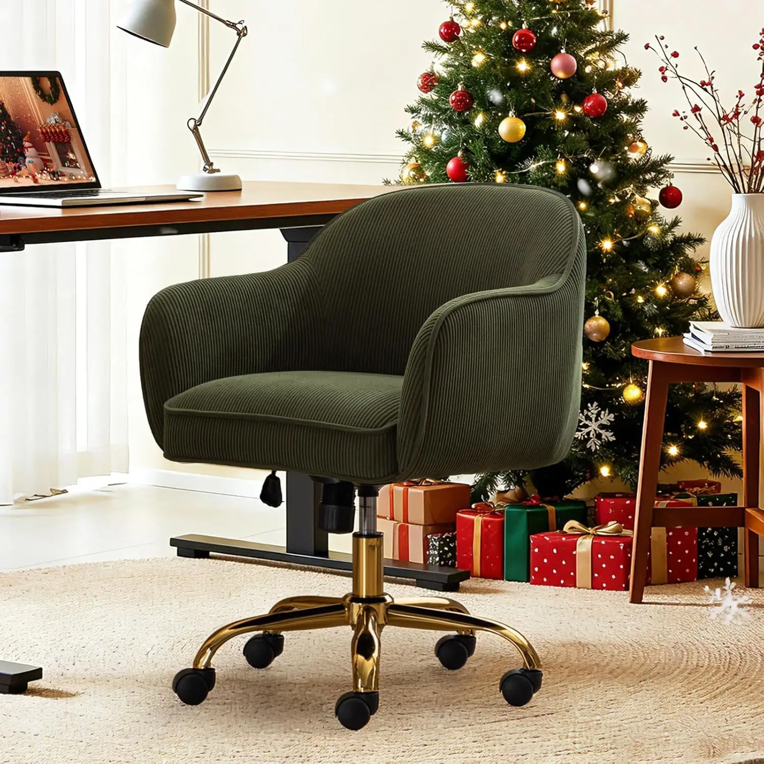 Green Corduroy Home Office Desk Chair with Arms, Gold Wheels, Mid-Back Ergonomic, Adjustable Swivel for Bedroom, Study, Office