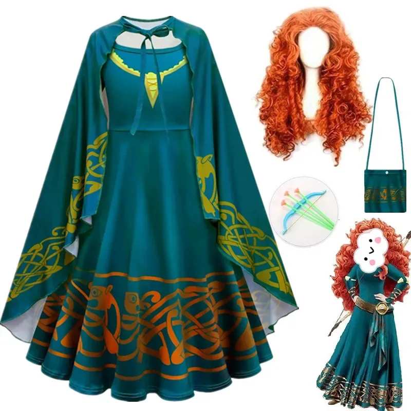 

New Merida Costume for Girls Halloween Princess Dress wig Kids Carnival Fantasia Children Xmas birthday Party Cosplay Costume