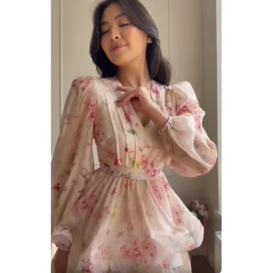 Fashionable Layered Print Long Sleeve Dress Elegant Personality Women's Clothing Citywalk Fairy Skirt Polyester Fiber