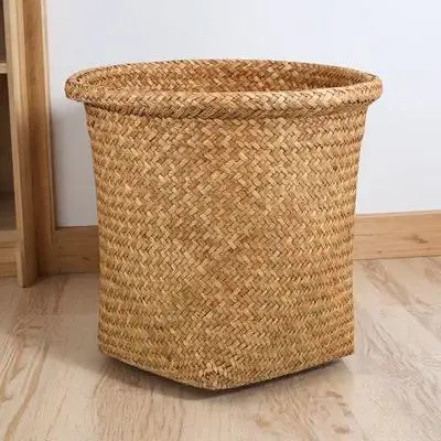 

Storage Basket Woven Trash Can for Bathroom Bedroom Kitchen Laundry Room Rattan Waste Basket Multi Purpose Decorative Home Use