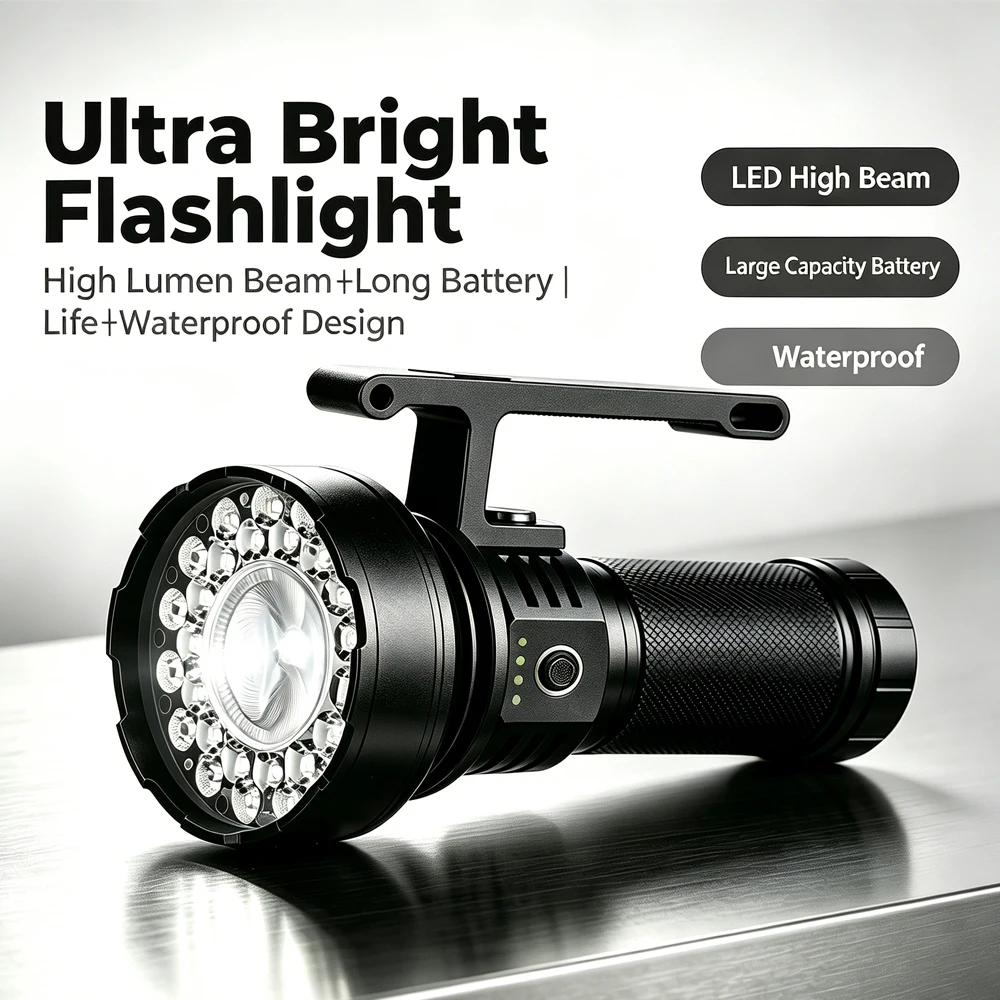 Dual Light Source Hand Lantern 10000 Lumens Ultra Bright Flashlight High Power Searchlight USB Rechargeable For Outdoor Camping