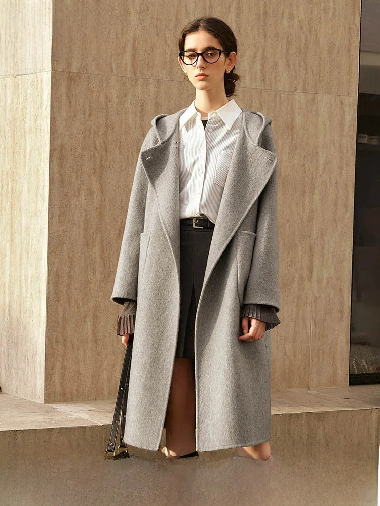 

Женское двустороннее шерстяное длинное пальто OLrain, зима 2025, новинка, премиум-класс, с капюшоном, для повседневной носки, свободный крой