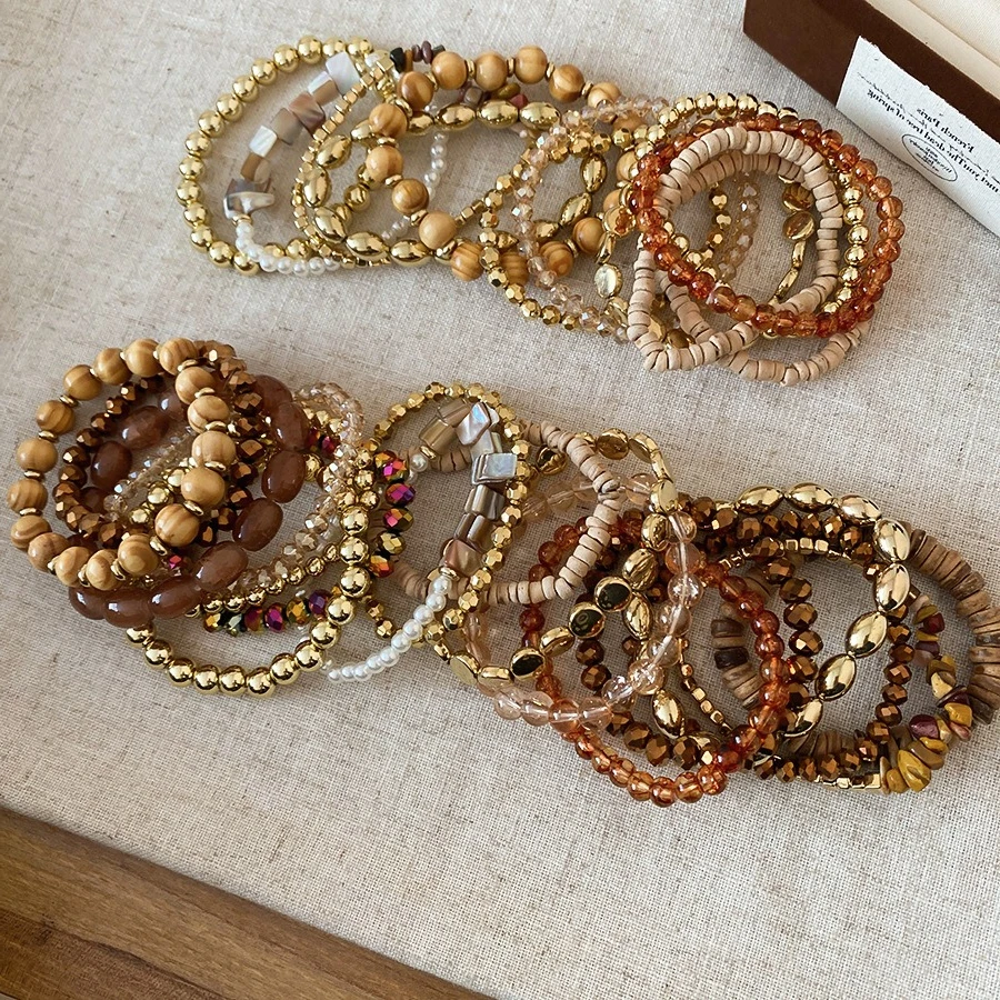 12/18 Pcs Maillard Vintage Glass Wooden Beaded Bracelets for Women Men Ethnic Style Boho Coconut Shell Stackable Bracelet Sets K