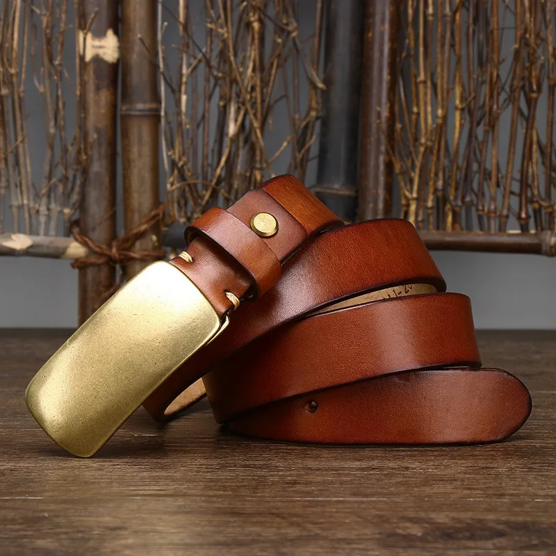 3.3cm Pure Cowskin Men Belt High Quality Genuine Leather Smooth Brass Buckle Strap Male Jeans Luxury Designer Belts for Man