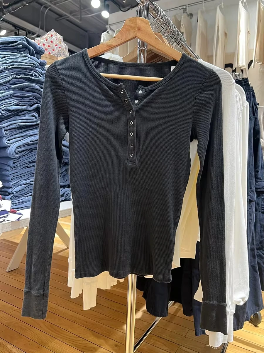 

Однотонная футболка на пуговицах, женская уличная одежда, повседневная хлопковая тонкая футболка с круглым вырезом и длинными рукавами, универсальные простые базовые футболки, осень