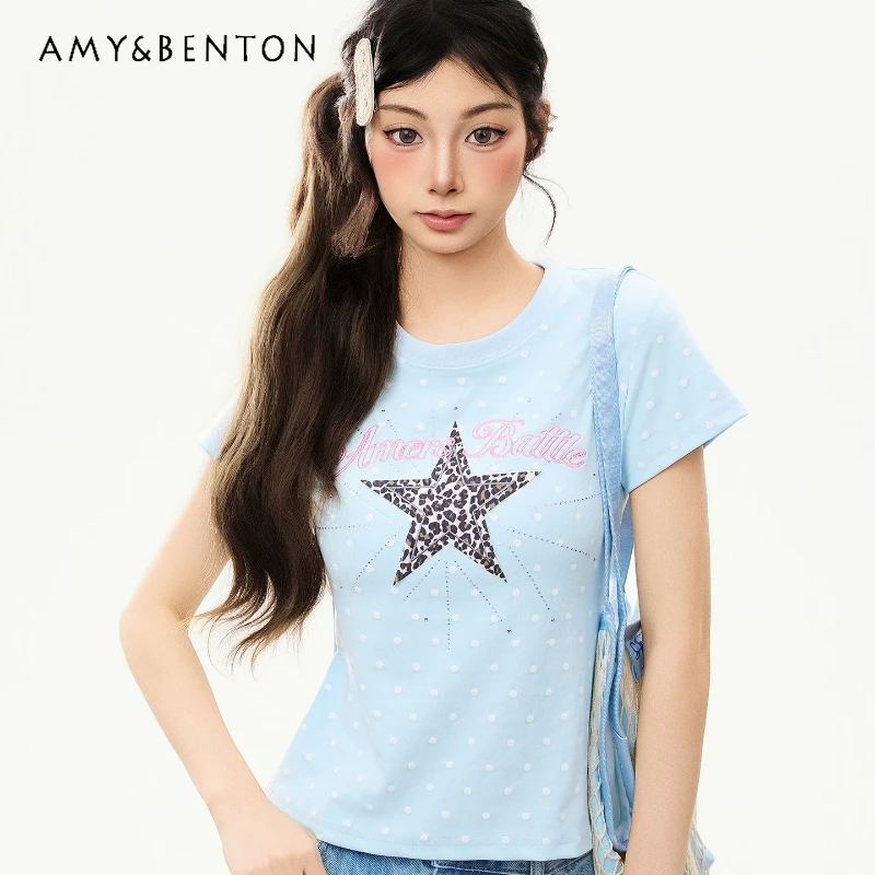 

Sweet Cool Star Leopard Print Women's T-shirt 2026 New Age-reducing Subculture Slim Thin Versatile Short-sleeved T-shirts Ladies