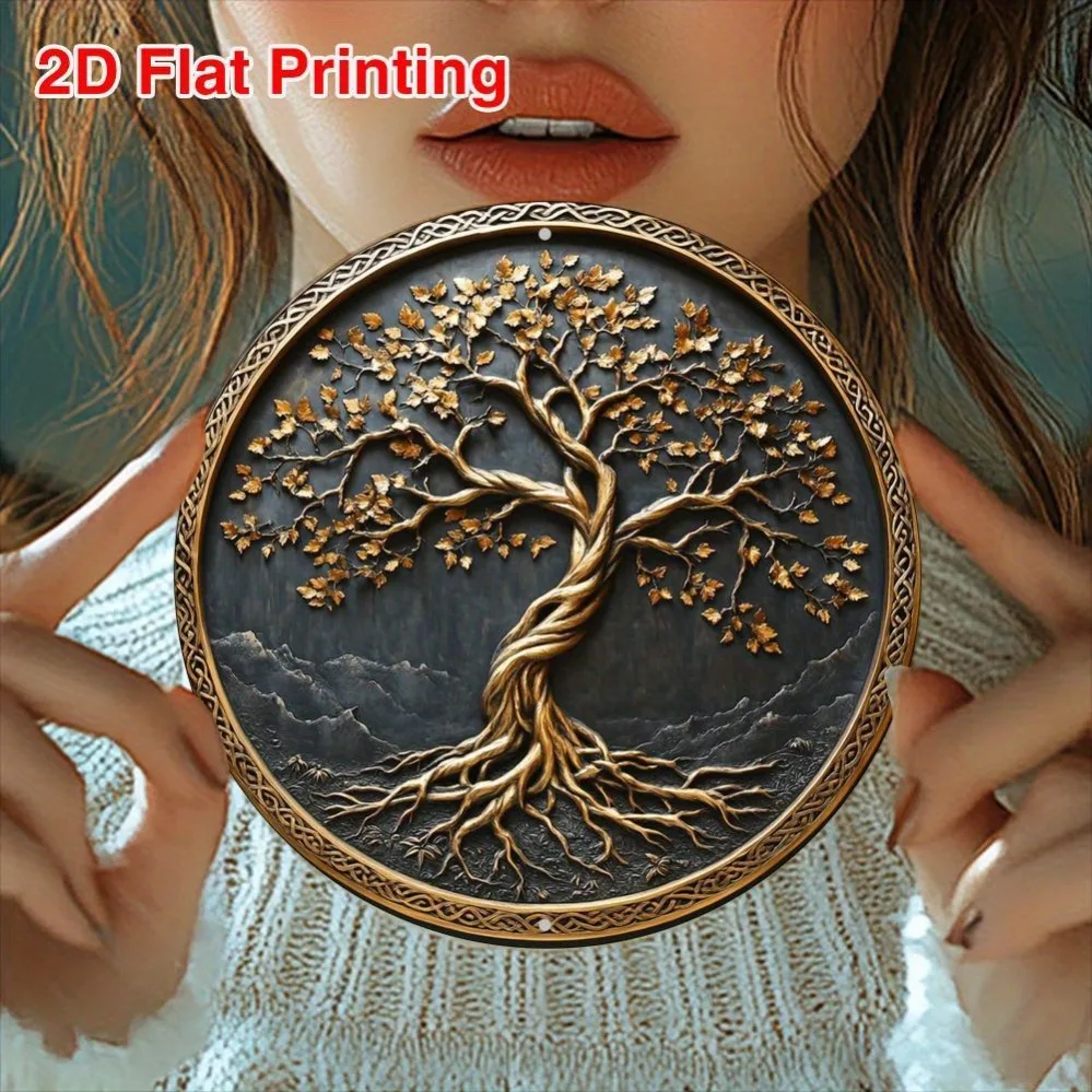Vintage-Wandkunst aus Aluminium, Baum des Lebens – 20,3 x 20,3 cm, rundes Metallschild, goldene Zweige, rustikale Heimdekoration für Küche, Wohnzimmer, Fathe